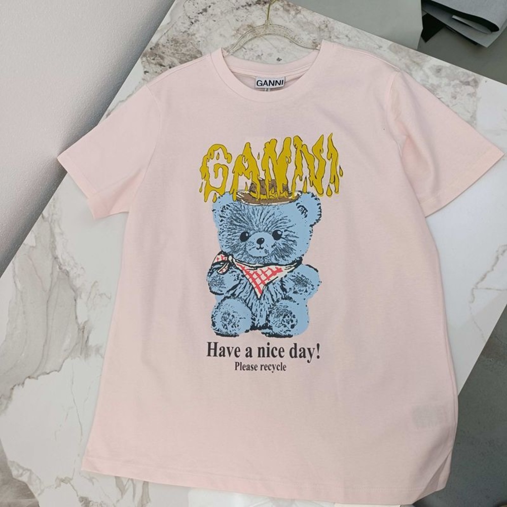 Ganni Light Pink T-Shirt with Blue Bear Graphic